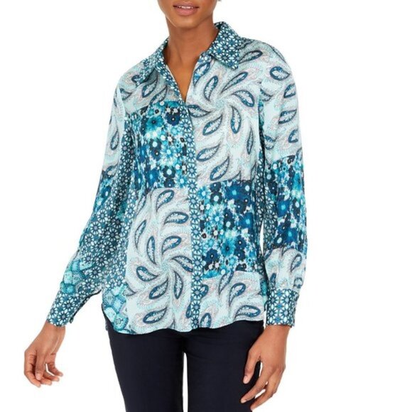 Elie Tahari Printed Silk Button-Down Top - Picture 2 of 8